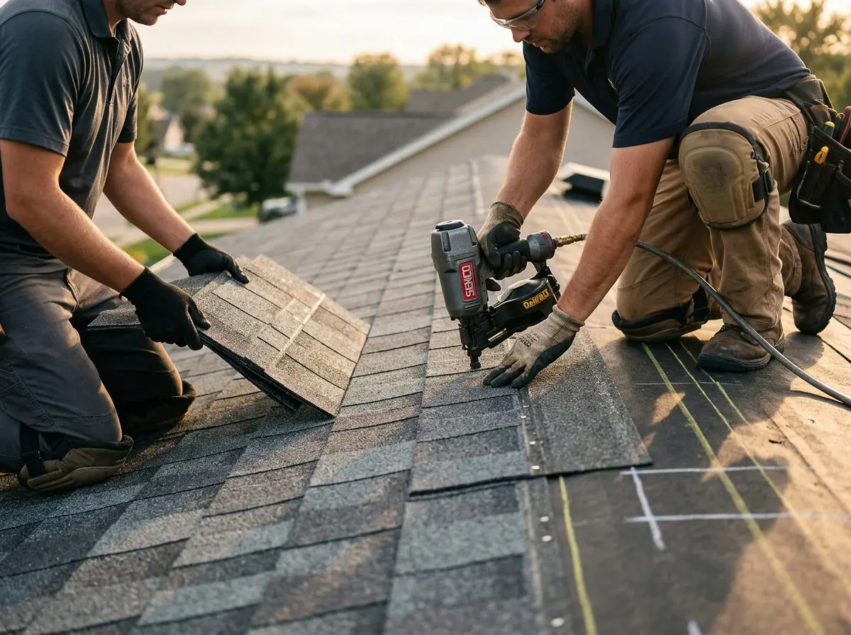 Professional roofer working on a residential roof in Wyomissing